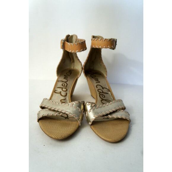 SAM EDELMAN Silvia US 10M Gold Nude Wedge Sandals Shoes w Ankle Strap & Zipper - Picture 2 of 7